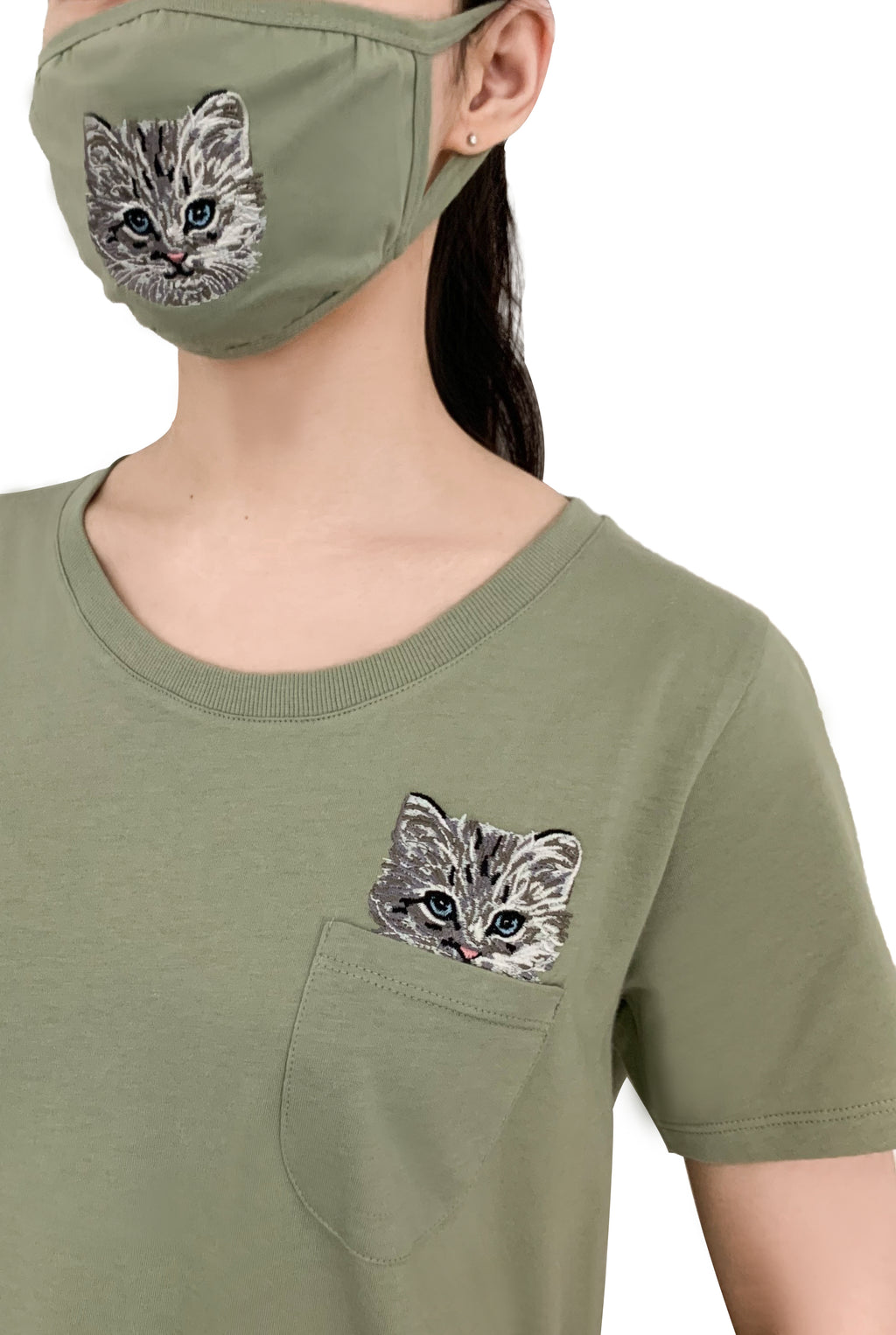 Katous Mask Embroidery Cat with lining - Green